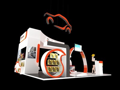 36平米展臺設(shè)計(jì)制作：三面開口/現(xiàn)代/木質(zhì)結(jié)構(gòu)/橙色，為汽配展展商而作（免費(fèi)使用）
