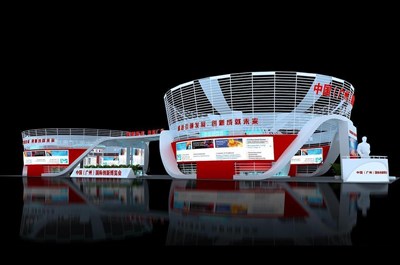 504平米展臺設(shè)計制作：四面開口/現(xiàn)代/木質(zhì)結(jié)構(gòu)/紅色，為成就招商展展商而作（免費(fèi)使用）