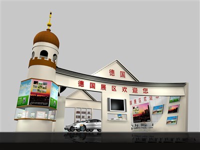 144平米展臺設(shè)計(jì)制作：三面開口/歐式/木質(zhì)結(jié)構(gòu)/米色，為成就招商展展商而作（免費(fèi)使用）