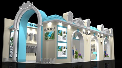 72平米展臺設(shè)計(jì)制作：二面開口/歐式/木質(zhì)結(jié)構(gòu)/白色，為服裝展展商而作（免費(fèi)使用）