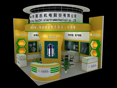 36平米展臺(tái)設(shè)計(jì)制作：二面開口/現(xiàn)代/木質(zhì)結(jié)構(gòu)/黃色，為汽配展展商而作（免費(fèi)使用）