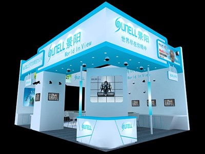 72平米展臺設計制作：三面開口/現(xiàn)代/木質結構/藍色，為安防展展商而作（免費使用）