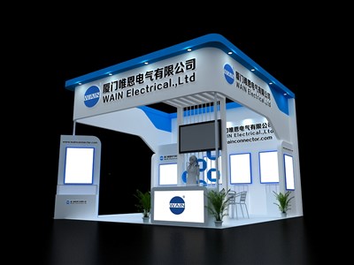36平米展臺(tái)設(shè)計(jì)制作：三面開口/現(xiàn)代/木質(zhì)結(jié)構(gòu)/藍(lán)色，為汽配展展商而作（免費(fèi)使用）