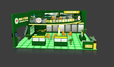 108平米展臺設計制作：三面開口/現(xiàn)代/木質(zhì)結(jié)構/綠色，為釣具展展商而作（免費使用）