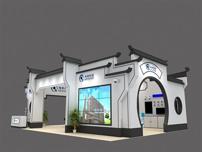 108平米展臺設計制作：三面開口/中式/木質結構/灰色，為安防展展商而作（免費使用）