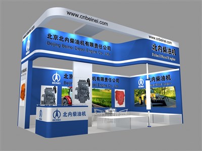 30平米展臺設計制作：二面開口/現(xiàn)代/木質結構/藍色，為汽配展展商而作（免費使用）