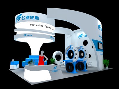 30平米展臺(tái)設(shè)計(jì)制作：三面開(kāi)口/現(xiàn)代/木質(zhì)結(jié)構(gòu)/藍(lán)色，為汽配展展商而作（免費(fèi)使用）