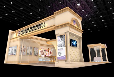 108平米展臺(tái)設(shè)計(jì)制作：三面開(kāi)口/歐式/木質(zhì)結(jié)構(gòu)/米色，為美博會(huì)展商而作（免費(fèi)使用）