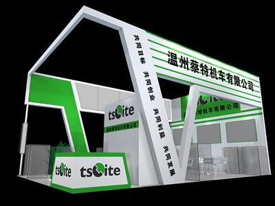 54平米展臺設計制作：三面開口/現(xiàn)代/木質(zhì)結(jié)構(gòu)/綠色，為汽配展展商而作（免費使用）