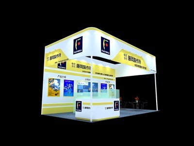 36平米展臺(tái)設(shè)計(jì)制作：三面開口/現(xiàn)代/木質(zhì)結(jié)構(gòu)/黃色，為汽配展展商而作（免費(fèi)使用）