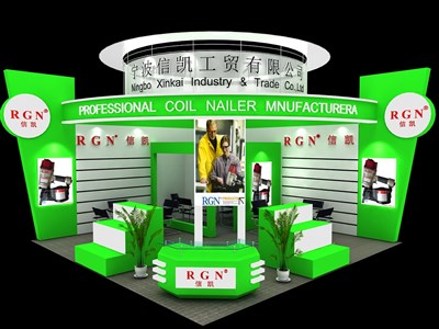 36平米展臺設(shè)計制作：二面開口/現(xiàn)代/木質(zhì)結(jié)構(gòu)/綠色，為汽配展展商而作（免費(fèi)使用）