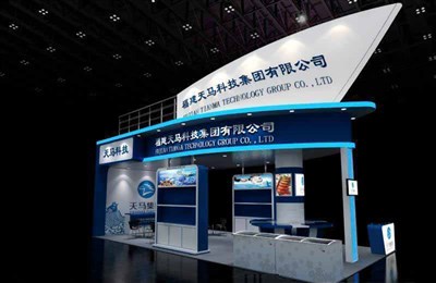 72平米展臺設計制作：三面開口/現(xiàn)代/木質(zhì)結構/藍色，為釣具展展商而作（免費使用）