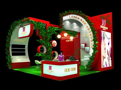 36平米展臺設(shè)計制作：三面開口/田園/木質(zhì)結(jié)構(gòu)/紅色，為美博會展商而作（免費使用）