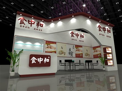 24平米展臺設(shè)計(jì)制作：二面開口/現(xiàn)代/木質(zhì)結(jié)構(gòu)/咖啡色，為食品展展商而作（免費(fèi)使用）