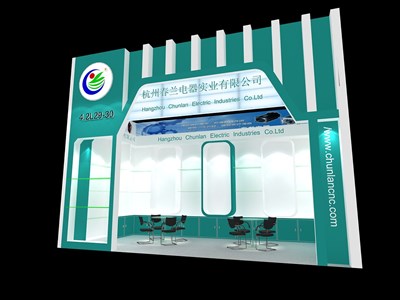 18平米展臺設(shè)計制作：一面開口/現(xiàn)代/木質(zhì)結(jié)構(gòu)/綠色，為家電展展商而作（免費使用）