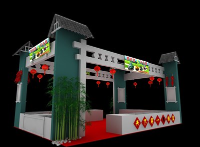 54平米展臺設(shè)計制作：二面開口/田園/木質(zhì)結(jié)構(gòu)/綠色，為食品展展商而作（免費使用）