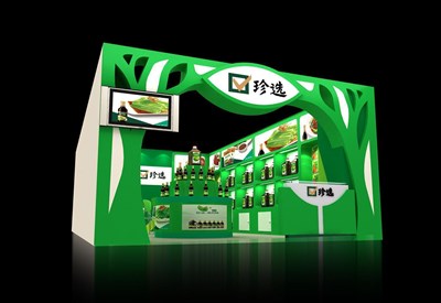 28平米展臺(tái)設(shè)計(jì)制作：一面開口/現(xiàn)代/木質(zhì)結(jié)構(gòu)/綠色，為食品展展商而作（免費(fèi)使用）