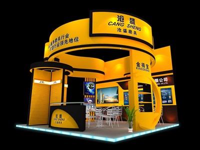 36平米展臺(tái)設(shè)計(jì)制作：三面開口/現(xiàn)代/木質(zhì)結(jié)構(gòu)/黃色，為汽配展展商而作（免費(fèi)使用）