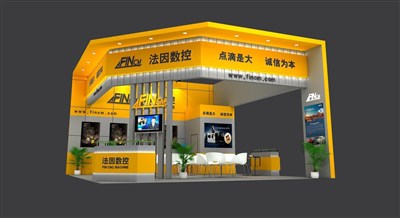 72平米展臺設(shè)計制作：三面開口/現(xiàn)代/木質(zhì)結(jié)構(gòu)/黃色，為機械展展商而作（免費使用）