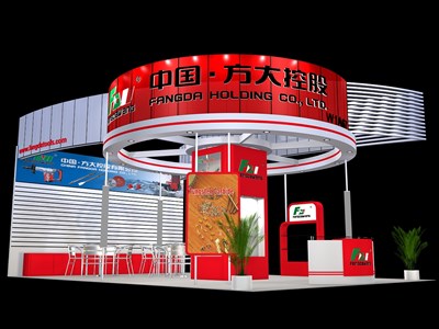 54平米展臺設計制作：三面開口/現代/木質結構/紅色，為汽配展展商而作（免費使用）