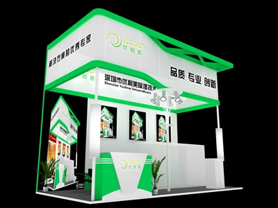 18平米展臺設(shè)計制作：三面開口/現(xiàn)代/木質(zhì)結(jié)構(gòu)/綠色，為汽配展展商而作（免費(fèi)使用）