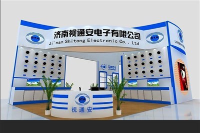 54平米展臺設計制作：三面開口/現(xiàn)代/木質(zhì)結構/藍色，為安防展展商而作（免費使用）