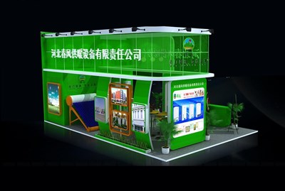 54平米展臺設計制作：三面開口/現(xiàn)代/木質結構/綠色，為家電展展商而作（免費使用）