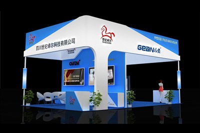 54平米展臺設計制作：四面開口/現代/木質結構/藍色，為機械展展商而作（免費使用）