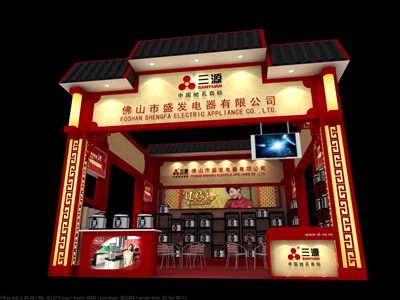 36平米展臺(tái)設(shè)計(jì)制作：三面開口/中式/木質(zhì)結(jié)構(gòu)/紅色，為家電展展商而作（免費(fèi)使用）