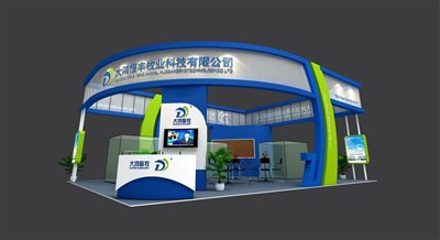 108平米展臺設計制作：四面開口/現(xiàn)代/木質(zhì)結構/藍色，為機械展展商而作（免費使用）
