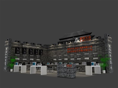 70平米展臺設(shè)計制作：二面開口/中式/木質(zhì)結(jié)構(gòu)/灰色，為家電展展商而作（免費使用）