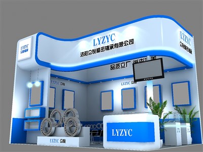27平米展臺設計制作：二面開口/現(xiàn)代/木質(zhì)結(jié)構(gòu)/藍色，為機械展展商而作（免費使用）