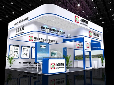 48平米展臺設(shè)計(jì)制作：二面開口/現(xiàn)代/木質(zhì)結(jié)構(gòu)/藍(lán)色，為汽配展展商而作（免費(fèi)使用）