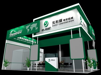 54平米展臺設計制作：三面開口/現(xiàn)代/木質結構/綠色，為機械展展商而作（免費使用）