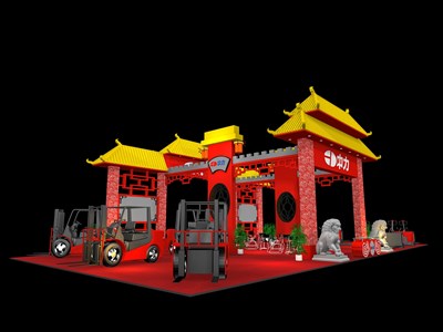 200平米展臺設(shè)計制作：四面開口/中式/木質(zhì)結(jié)構(gòu)/紅色，為汽配展展商而作（免費使用）