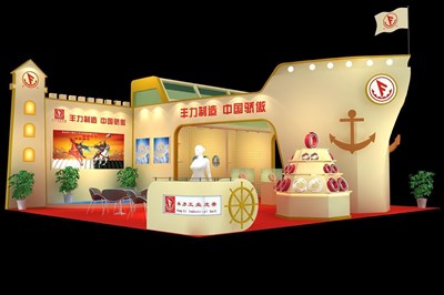 90平米展臺設(shè)計制作：二面開口/現(xiàn)代/木質(zhì)結(jié)構(gòu)/米色，為汽配展展商而作（免費使用）