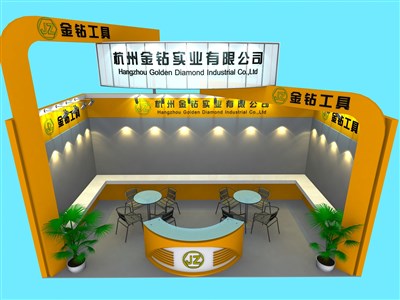 18平米展臺(tái)設(shè)計(jì)制作：一面開(kāi)口/現(xiàn)代/木質(zhì)結(jié)構(gòu)/黃色，為汽配展展商而作（免費(fèi)使用）