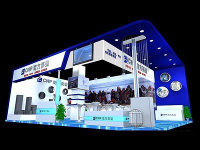 65平米展臺設(shè)計制作：二面開口/現(xiàn)代/木質(zhì)結(jié)構(gòu)/藍(lán)色，為機械展展商而作（免費使用）