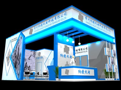 60平米展臺(tái)設(shè)計(jì)制作：二面開口/現(xiàn)代/木質(zhì)結(jié)構(gòu)/藍(lán)色，為機(jī)械展展商而作（免費(fèi)使用）