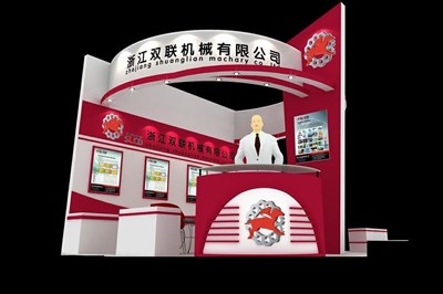 18平米展臺設(shè)計制作：二面開口/前衛(wèi)/木質(zhì)結(jié)構(gòu)/紅色，為機(jī)械展展商而作（免費使用）