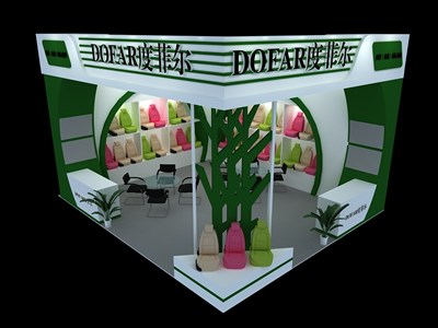 42平米展臺(tái)設(shè)計(jì)制作：二面開口/現(xiàn)代/木質(zhì)結(jié)構(gòu)/綠色，為汽配展展商而作（免費(fèi)使用）