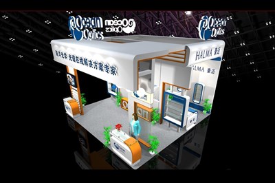 36平米展臺(tái)設(shè)計(jì)制作：三面開口/現(xiàn)代/木質(zhì)結(jié)構(gòu)/白色，為機(jī)械展展商而作（免費(fèi)使用）