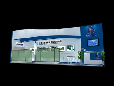 36平米展臺設計制作：二面開口/現代/木質結構/藍色，為機械展展商而作（免費使用）