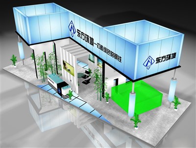 70平米展臺設(shè)計制作：四面開口/前衛(wèi)/木質(zhì)結(jié)構(gòu)/藍(lán)色，為機(jī)械展展商而作（免費使用）