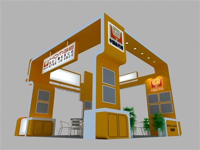 36平米展臺設計制作：四面開口/現(xiàn)代/木質(zhì)結(jié)構(gòu)/黃色，為汽配展展商而作（免費使用）