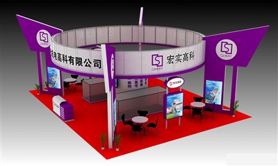 80平米展臺設(shè)計制作：四面開口/現(xiàn)代/木質(zhì)結(jié)構(gòu)/紫色，為機械展展商而作（免費使用）