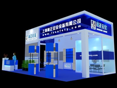 49.5平米展臺(tái)設(shè)計(jì)制作：三面開(kāi)口/現(xiàn)代/木質(zhì)結(jié)構(gòu)/藍(lán)色，為機(jī)械展展商而作（免費(fèi)使用）