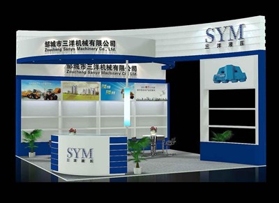 36平米展臺設(shè)計制作：三面開口/現(xiàn)代/木質(zhì)結(jié)構(gòu)/藍(lán)色，為機(jī)械展展商而作（免費使用）