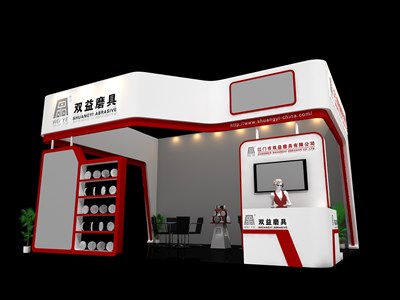 48平米展臺(tái)設(shè)計(jì)制作：三面開口/現(xiàn)代/木質(zhì)結(jié)構(gòu)/紅色，為機(jī)械展展商而作（免費(fèi)使用）