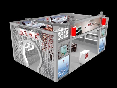 54平米展臺設計制作：二面開口/中式/木質(zhì)結(jié)構(gòu)/灰色，為茶博會展商而作（免費使用）